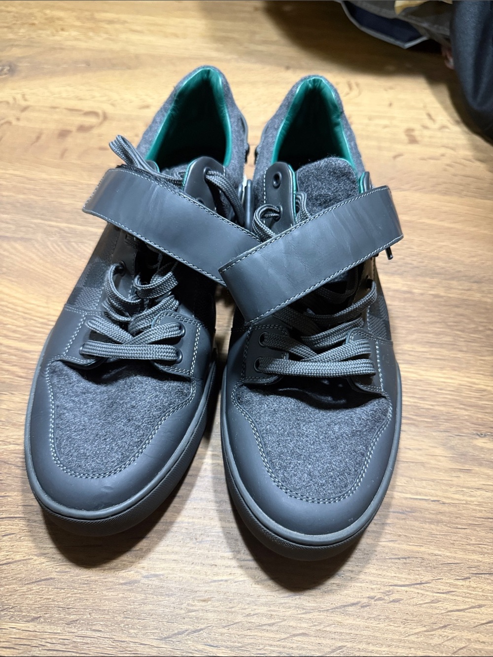 Louis Vuitton Men's Gray Lace & Strap Sneakers with Teal Interior
